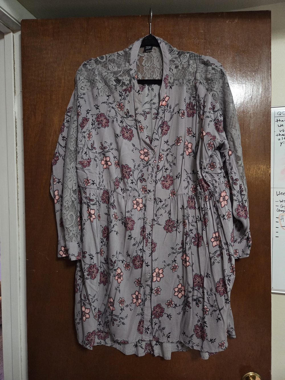 torrid Gray Floral Lace-Back Tunic with Pink Accents
